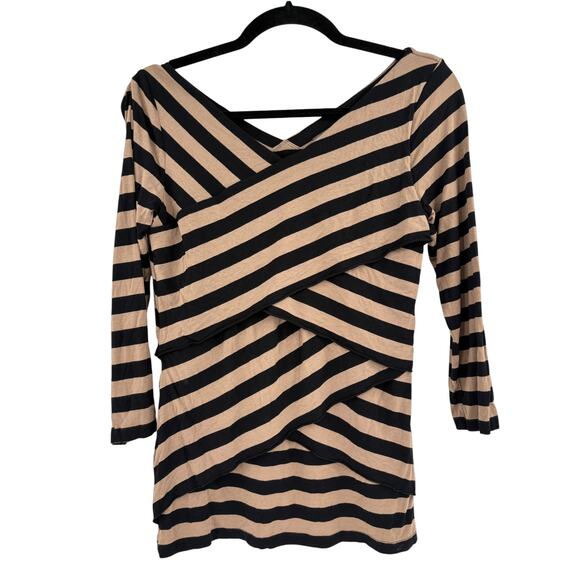 Vince Camuto Tops - 2/$30 VINCE CAMUTO Top Size S Stretch Black Tan Stripe Asymmetrical Blouse